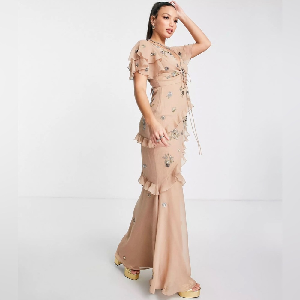 ASOS DESIGN Tall ruffle detail short sleeve embellished maxi dress in fil coupe